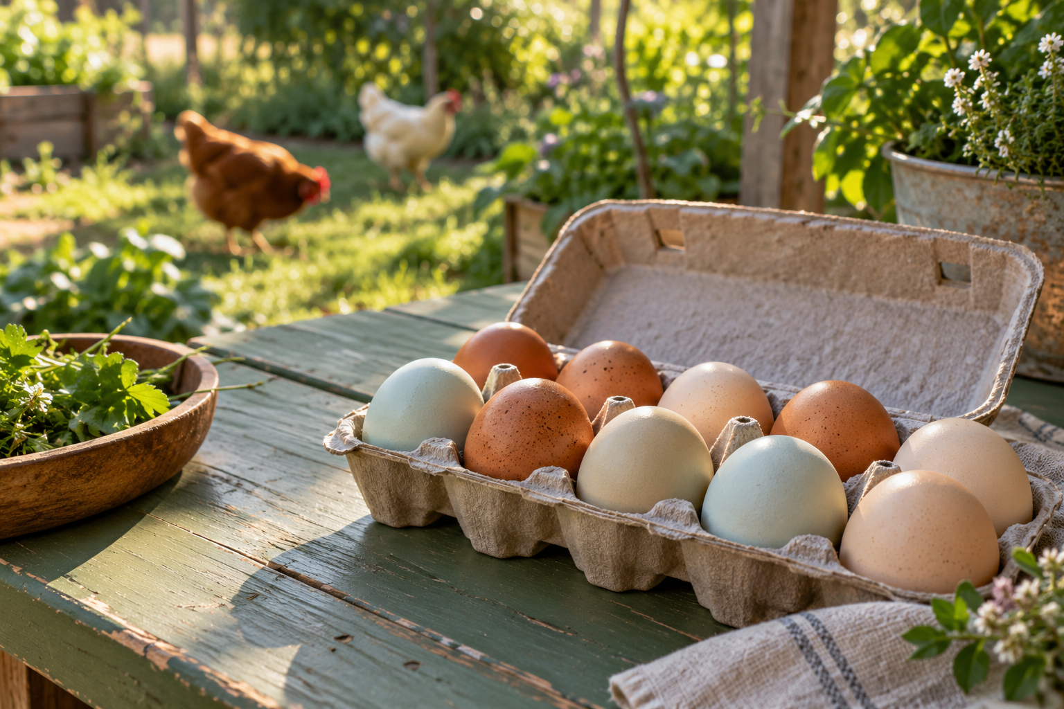 A carton of brown, cream and pale blue eggs on a garden table, with hens in the background