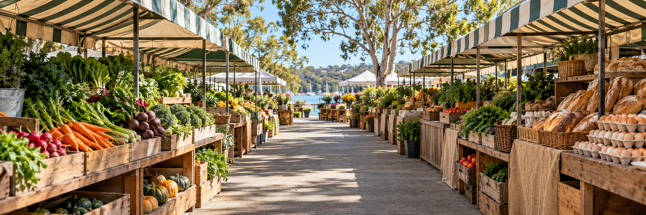 Illustrative Australian market with a wide aisle and fresh produce stalls